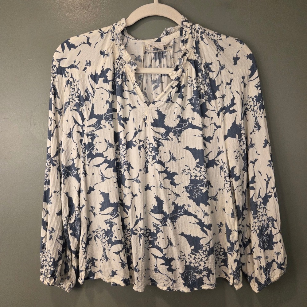 Caslon Women's Floral Print 3/4 Sleeve Popover Blouse Cream Blue Size S